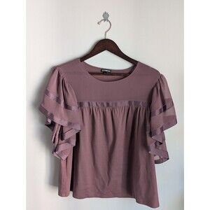 EXPRESS Women Top Ruffle Flare Sheer Short Sleeve Purple Blouse Shirt Size Large